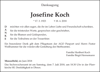 Traueranzeige von Josefine Koch von trierischer_volksfreund