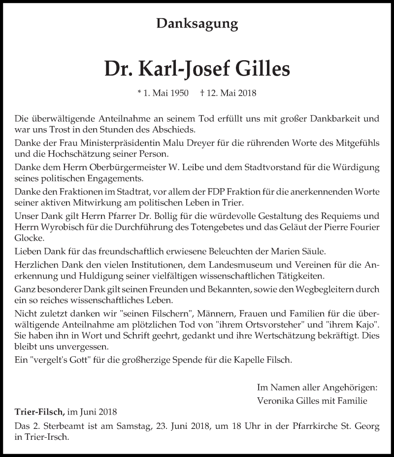 Traueranzeige für Karl-Josef Gilles vom 16.06.2018 aus trierischer_volksfreund