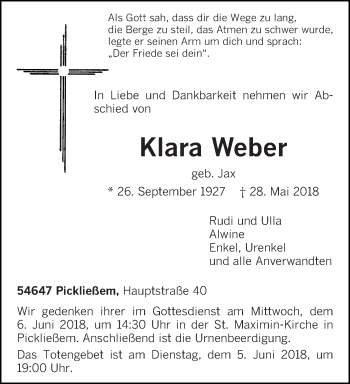 Traueranzeige von Klara Weber von trierischer_volksfreund