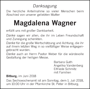 Traueranzeige von Magdalena Wagner von trierischer_volksfreund