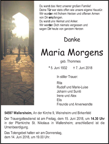 Traueranzeige von Maria Morgens von trierischer_volksfreund