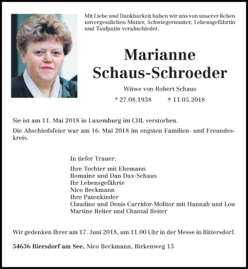 Traueranzeige von Marianne Schaus-Schroeder von trierischer_volksfreund