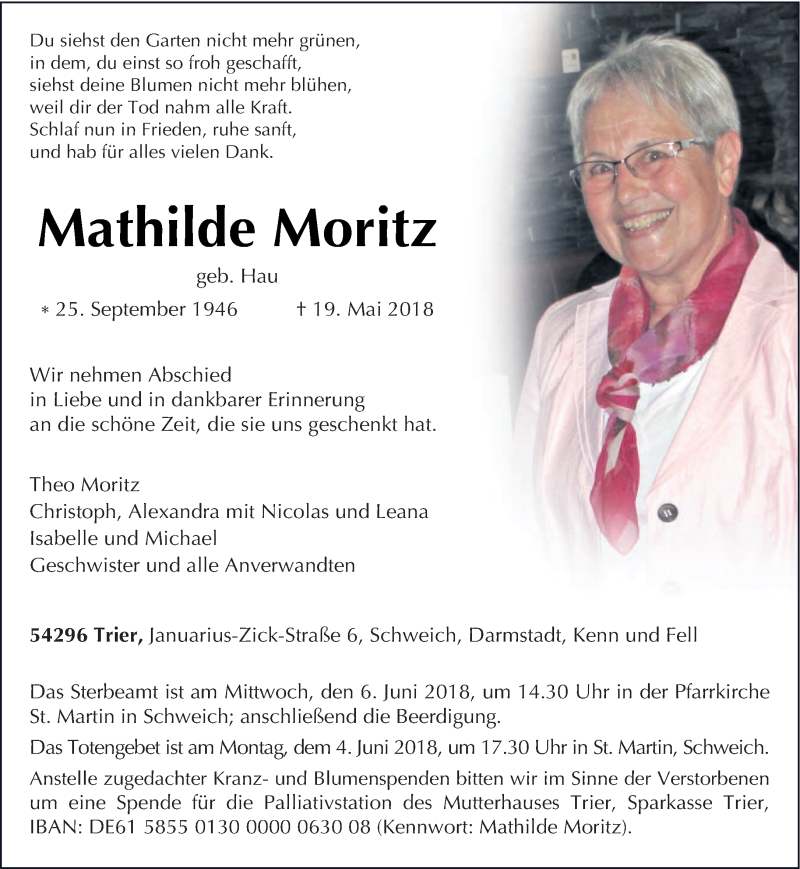  Traueranzeige für Mathilde Moritz vom 02.06.2018 aus trierischer_volksfreund