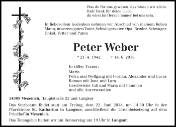 Traueranzeige von Peter Weber von trierischer_volksfreund