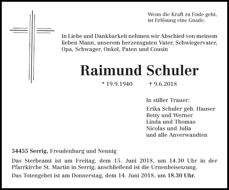  Traueranzeige für Raimund Schuler vom 12.06.2018 aus trierischer_volksfreund