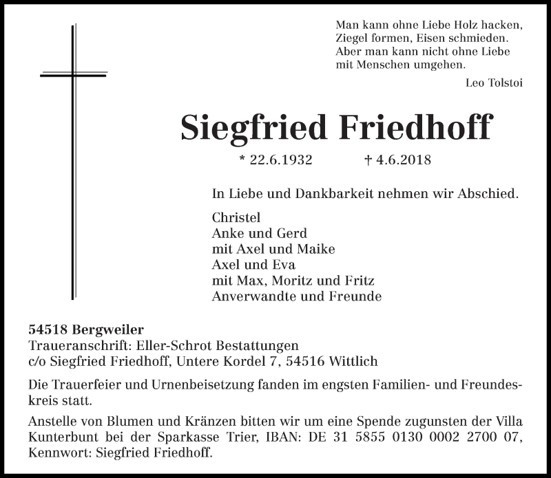  Traueranzeige für Siegfried Friedhoff vom 13.06.2018 aus trierischer_volksfreund