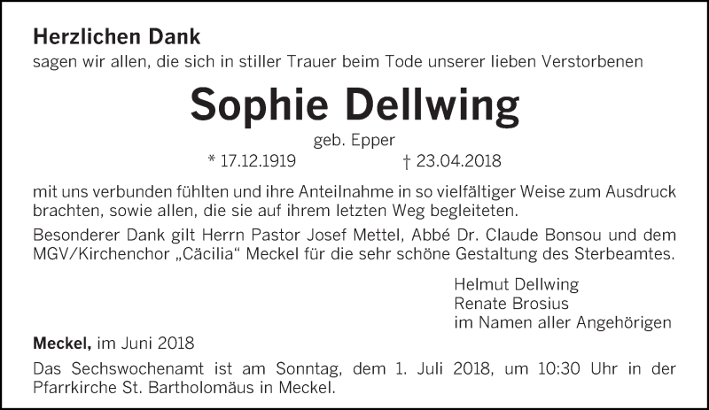  Traueranzeige für Sophie Dellwing vom 23.06.2018 aus trierischer_volksfreund