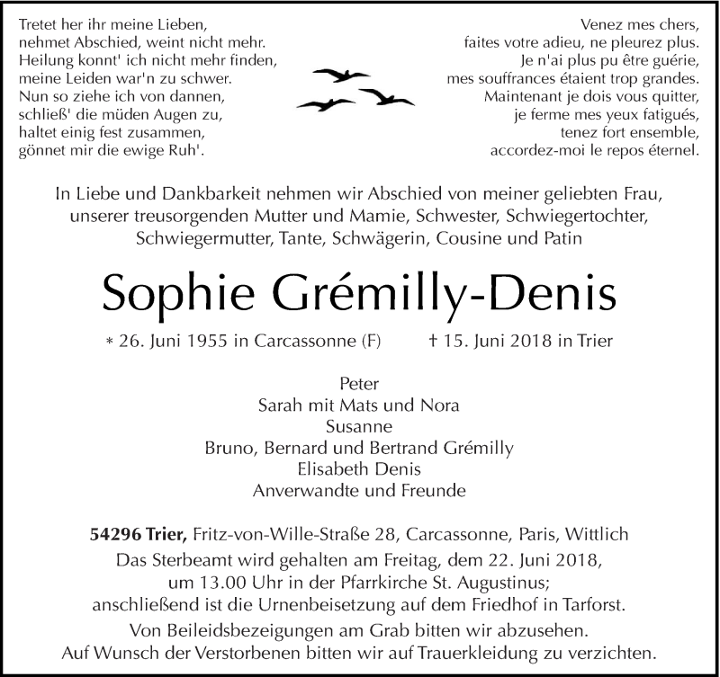  Traueranzeige für Sophie Gremilly-Denis vom 20.06.2018 aus trierischer_volksfreund