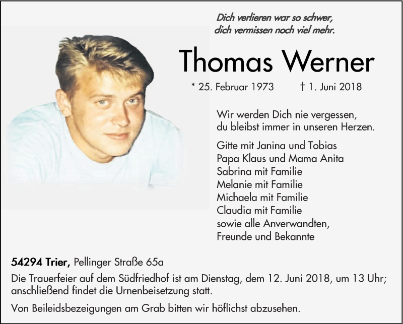  Traueranzeige für Thomas Werner vom 09.06.2018 aus trierischer_volksfreund