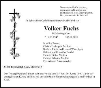 Traueranzeige von Volker Fuchs von trierischer_volksfreund