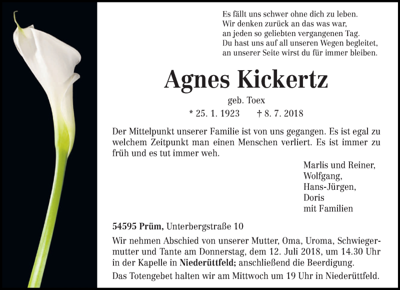  Traueranzeige für Agnes Kickertz vom 10.07.2018 aus trierischer_volksfreund