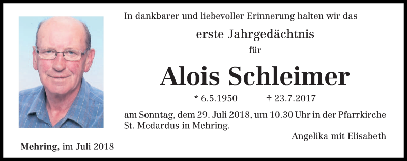  Traueranzeige für Alois Schleimer vom 25.07.2018 aus trierischer_volksfreund