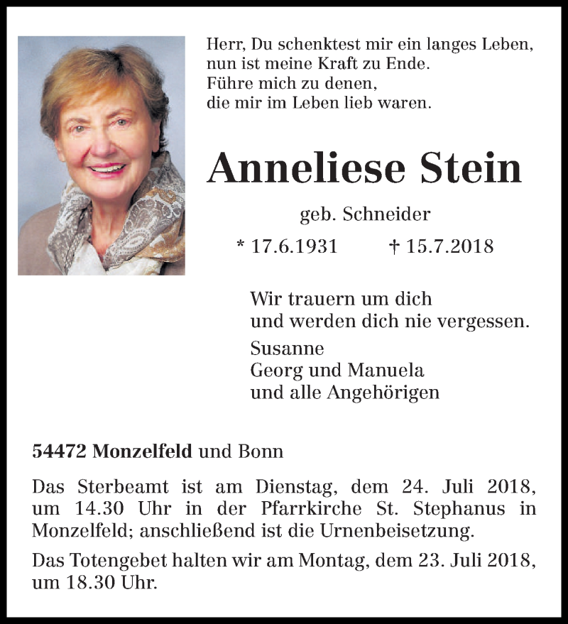  Traueranzeige für Anneliese Stein vom 19.07.2018 aus trierischer_volksfreund