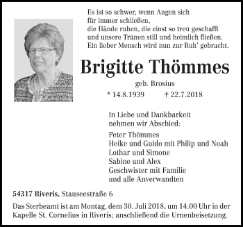 Traueranzeige von Brigitte Thömmes von trierischer_volksfreund