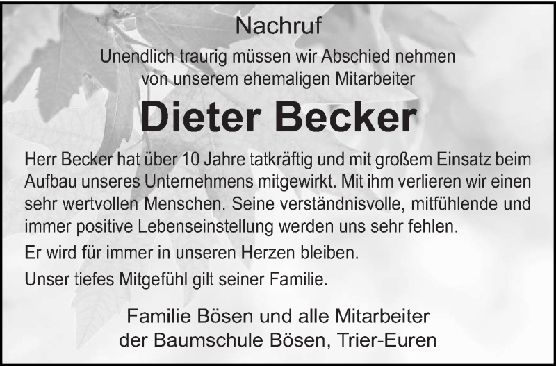  Traueranzeige für Dieter Becker vom 12.07.2018 aus trierischer_volksfreund