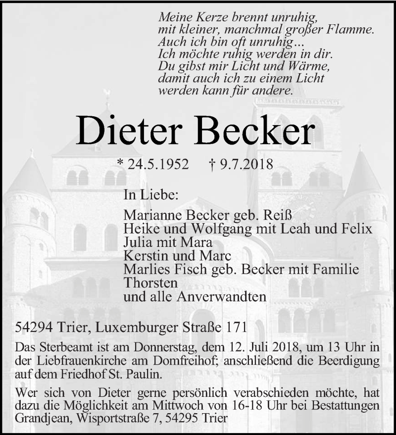  Traueranzeige für Dieter Becker vom 10.07.2018 aus trierischer_volksfreund