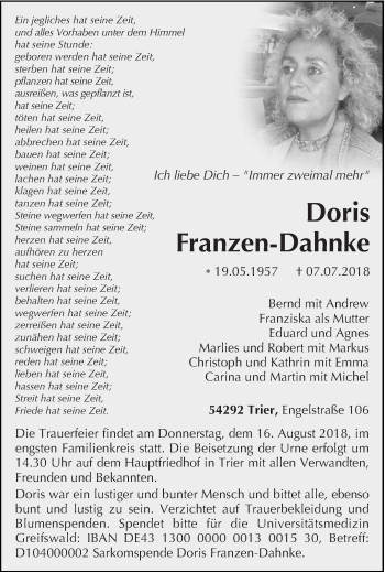 Traueranzeige von Doris Franzen-Dahnke von trierischer_volksfreund