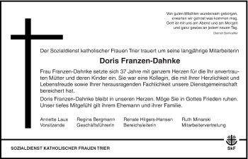 Traueranzeige von Doris Franzen-Dahnke von trierischer_volksfreund