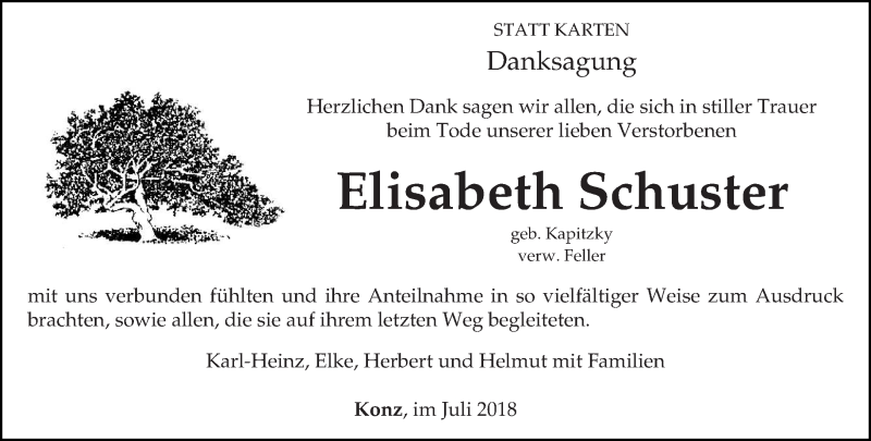  Traueranzeige für Elisabeth Schuster vom 07.07.2018 aus trierischer_volksfreund