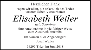 Traueranzeige von Elisabeth Weiler von trierischer_volksfreund