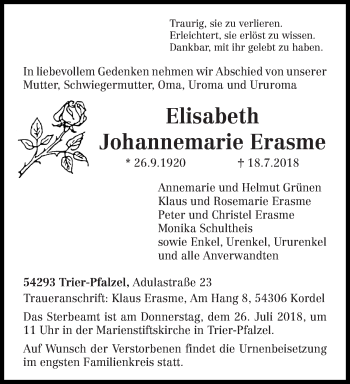 Traueranzeige von Elisabeth Johannemarie Erasme von trierischer_volksfreund