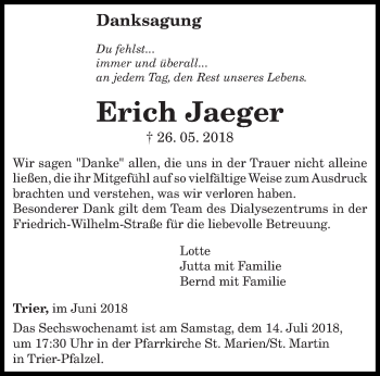 Traueranzeige von Erich Jaeger von trierischer_volksfreund