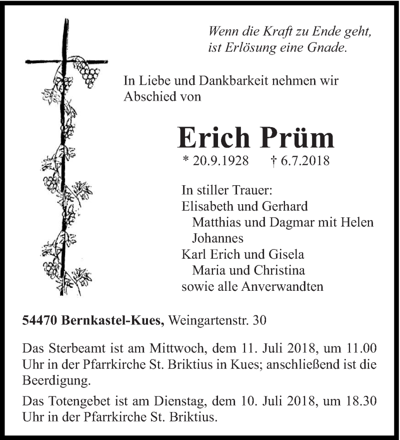  Traueranzeige für Erich Prüm vom 09.07.2018 aus trierischer_volksfreund