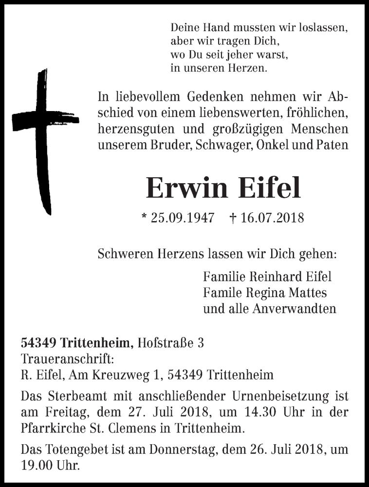  Traueranzeige für Erwin Eifel vom 21.07.2018 aus trierischer_volksfreund