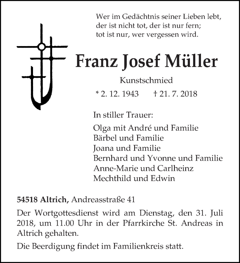  Traueranzeige für Franz Josef Müller vom 28.07.2018 aus trierischer_volksfreund
