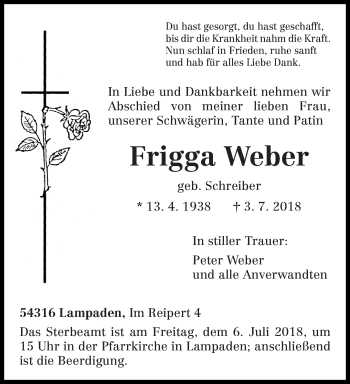 Traueranzeige von Frigga Weber von trierischer_volksfreund
