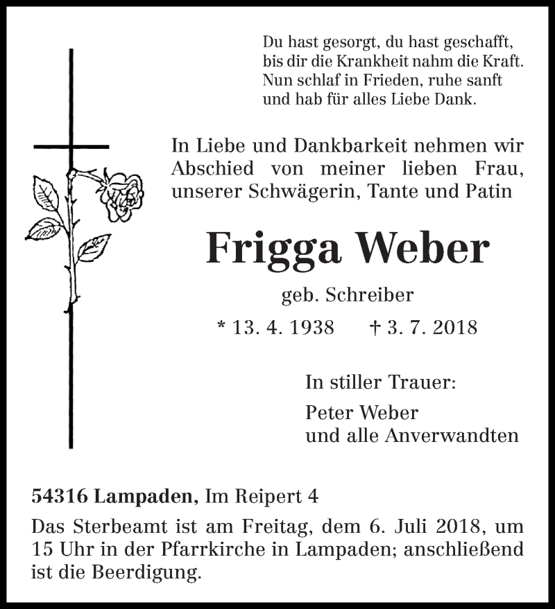  Traueranzeige für Frigga Weber vom 05.07.2018 aus trierischer_volksfreund