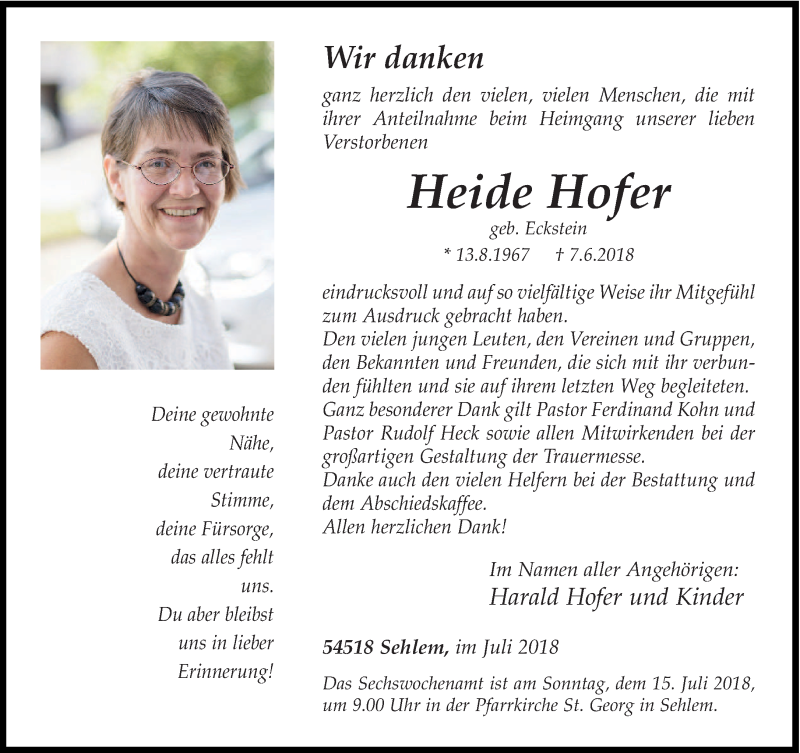  Traueranzeige für Heide Hofer vom 11.07.2018 aus trierischer_volksfreund