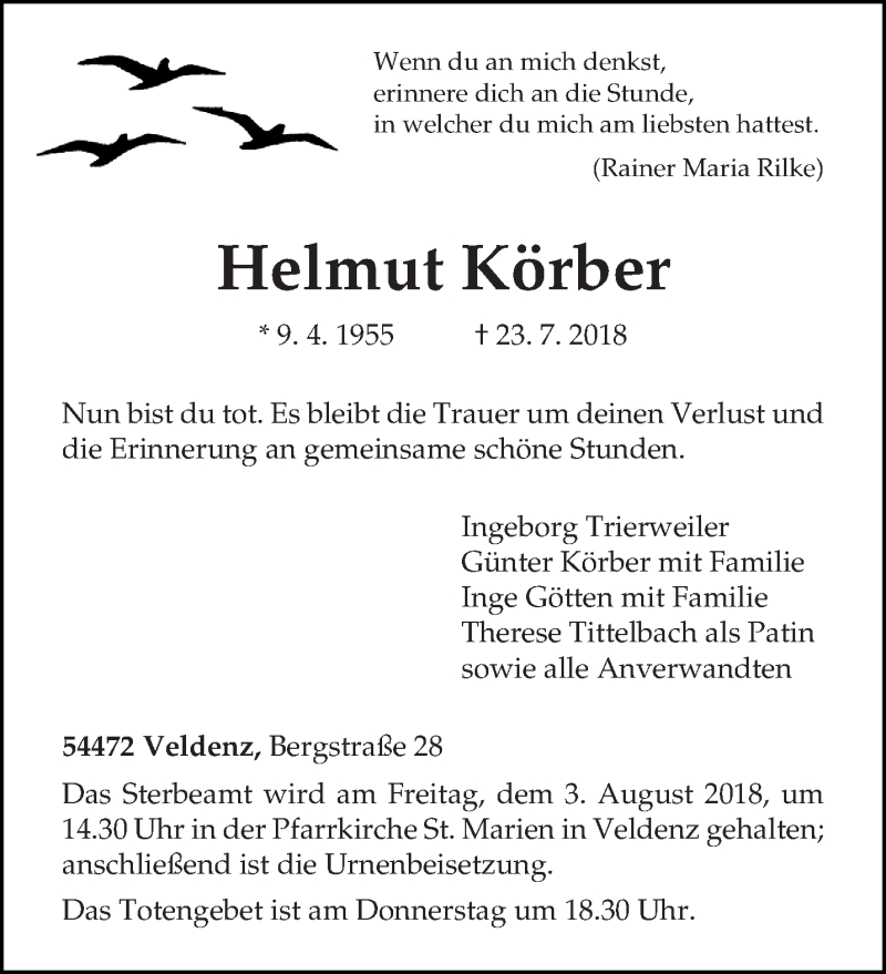  Traueranzeige für Helmut Körber vom 28.07.2018 aus trierischer_volksfreund