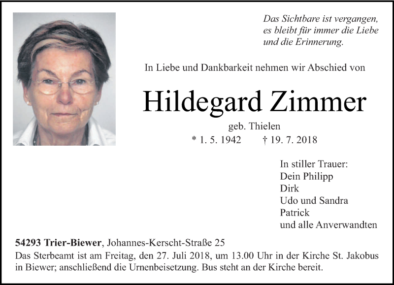  Traueranzeige für Hildegard Zimmer vom 24.07.2018 aus trierischer_volksfreund