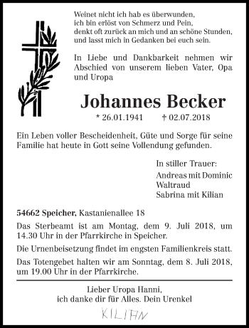 Traueranzeige von Johannes Becker von trierischer_volksfreund