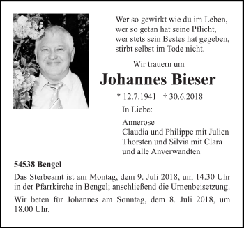 Traueranzeige von Johannes Bieser von trierischer_volksfreund