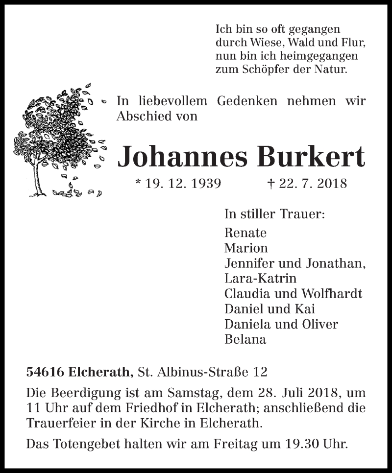  Traueranzeige für Johannes Burkert vom 25.07.2018 aus trierischer_volksfreund