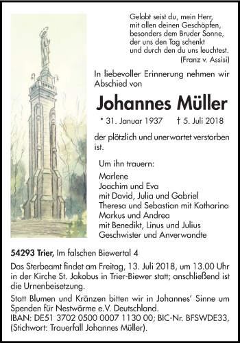 Traueranzeige von Johannes Müller von trierischer_volksfreund