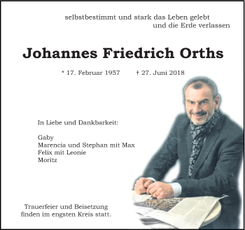 Traueranzeige von Johannes Friedrich Orths von trierischer_volksfreund