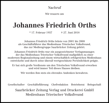 Traueranzeige von Johannes Friedrich Orths von trierischer_volksfreund
