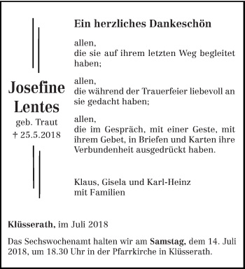 Traueranzeige von Josefine Lentes von trierischer_volksfreund