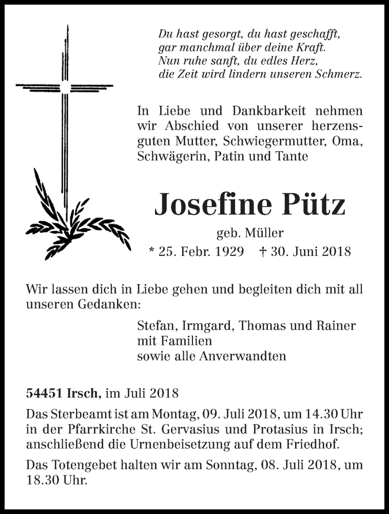  Traueranzeige für Josefine Pütz vom 04.07.2018 aus trierischer_volksfreund