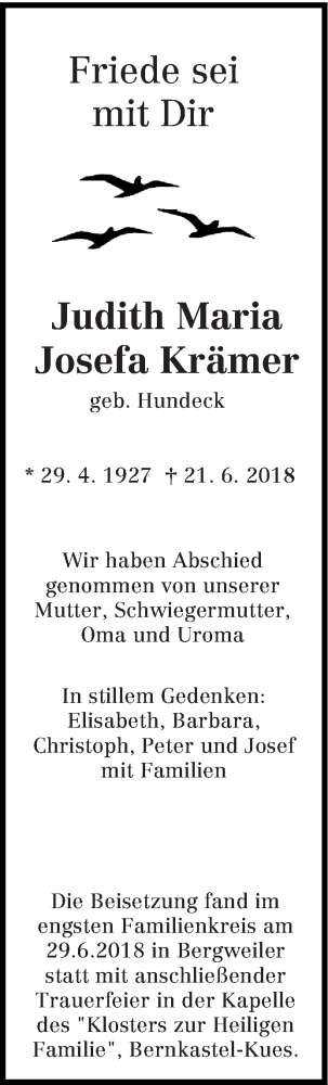Traueranzeige von Judith Maria Josefa Krämer von trierischer_volksfreund