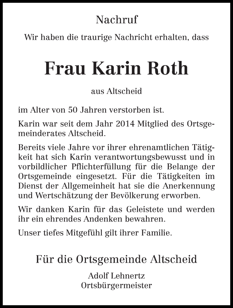  Traueranzeige für Karin Roth vom 28.07.2018 aus trierischer_volksfreund