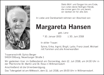 Traueranzeige von Margareta Hansen von trierischer_volksfreund