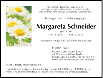 Traueranzeige von Margareta Schneider von trierischer_volksfreund