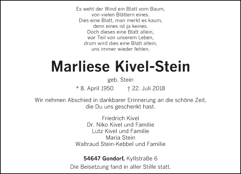  Traueranzeige für Marliese Kivel-Stein vom 28.07.2018 aus trierischer_volksfreund