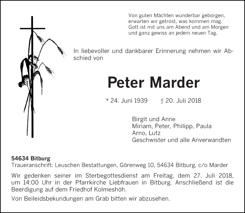  Traueranzeige für Peter Marder vom 21.07.2018 aus trierischer_volksfreund