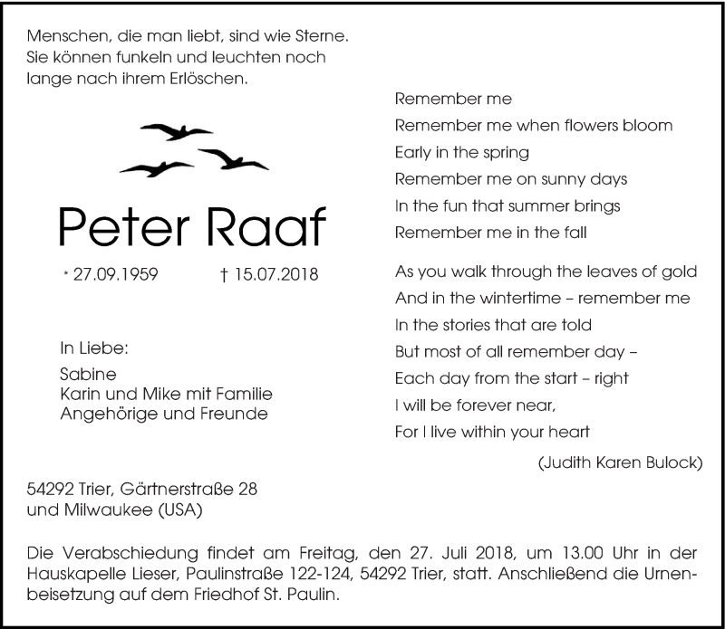 Traueranzeige für Peter Raaf vom 21.07.2018 aus trierischer_volksfreund