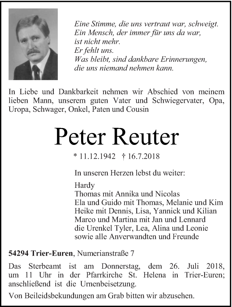  Traueranzeige für Peter Reuter vom 21.07.2018 aus trierischer_volksfreund